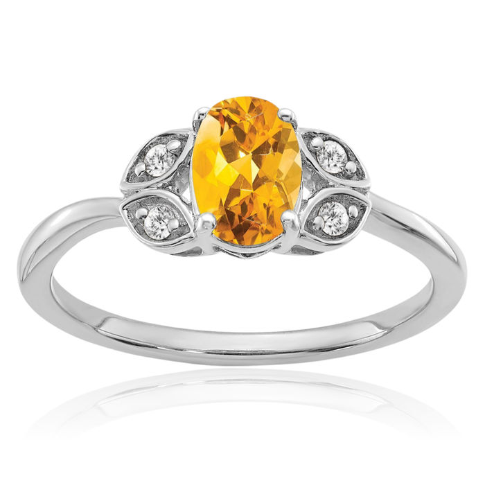 14K Solid White Gold Yellow Orange Citrine Diamond Ring Gemstone Band November Birthstone Jewelry
