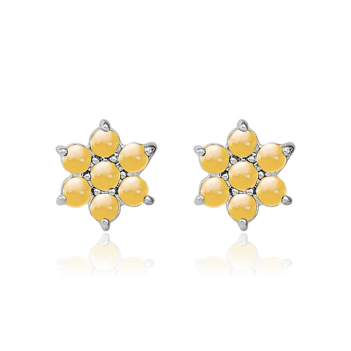 14K Solid White Gold Yellow Orange Citrine Flower Stud Earrings November Birthstone Jewelry