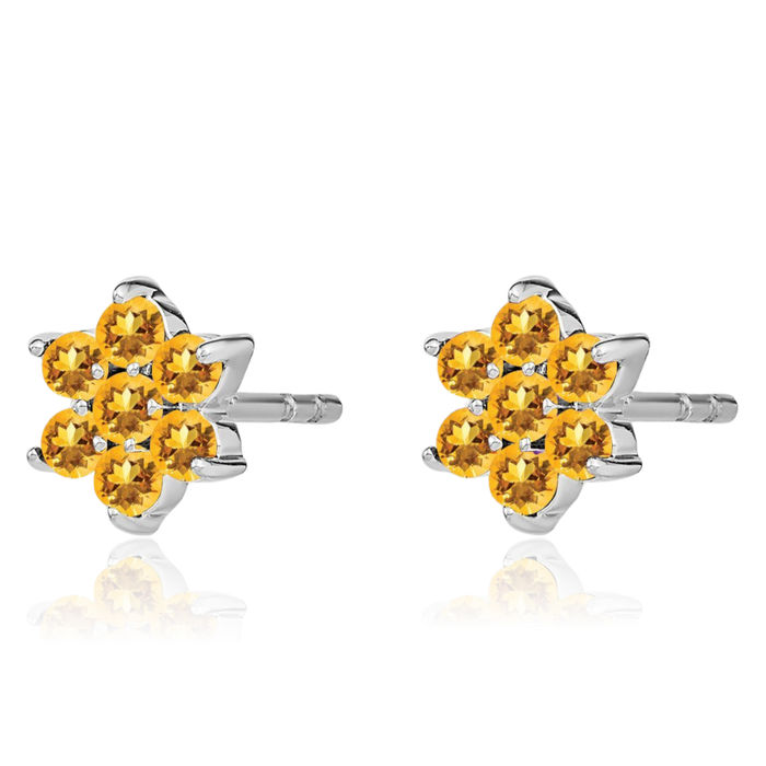 14K Solid White Gold Yellow Orange Citrine Flower Stud Earrings November Birthstone Jewelry