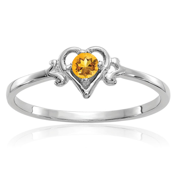 14K Solid White Gold Yellow Orange Citrine Heart Ring Love Band November Birthstone Jewelry