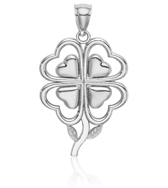 14K Solid White Gold 4 Leaf Lucky Clover Shamrock Flower Necklace Heart Irish Claddagh Celtic Charm Pendant Jewelry