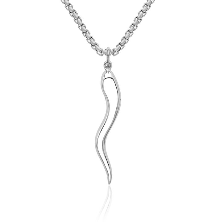 14K Solid White Gold Cornicello Italian Horn Necklace Lucky Protection Amulet Pendant Chilli Pepper Charm