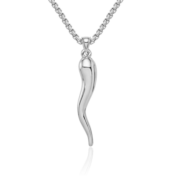 14K Solid White Gold Cornicello Italian Horn Necklace Lucky Protection Amulet Pendant Chilli Pepper Charm