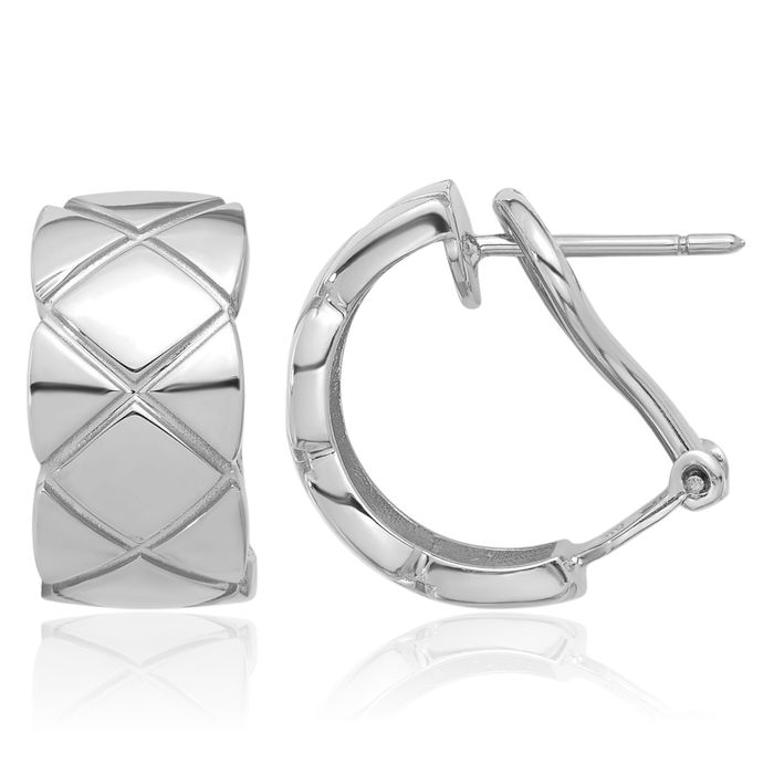 14K Solid White Gold Crisscross Omega Clip Back Post C Hoop Earrings