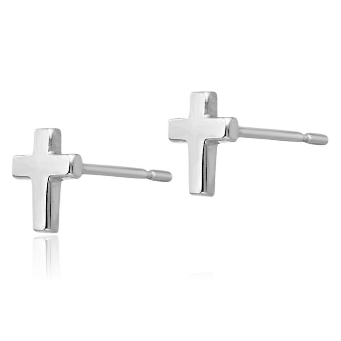 14K Solid White Gold Holy Cross Drop Dangle Christian Religious Stud Earrings