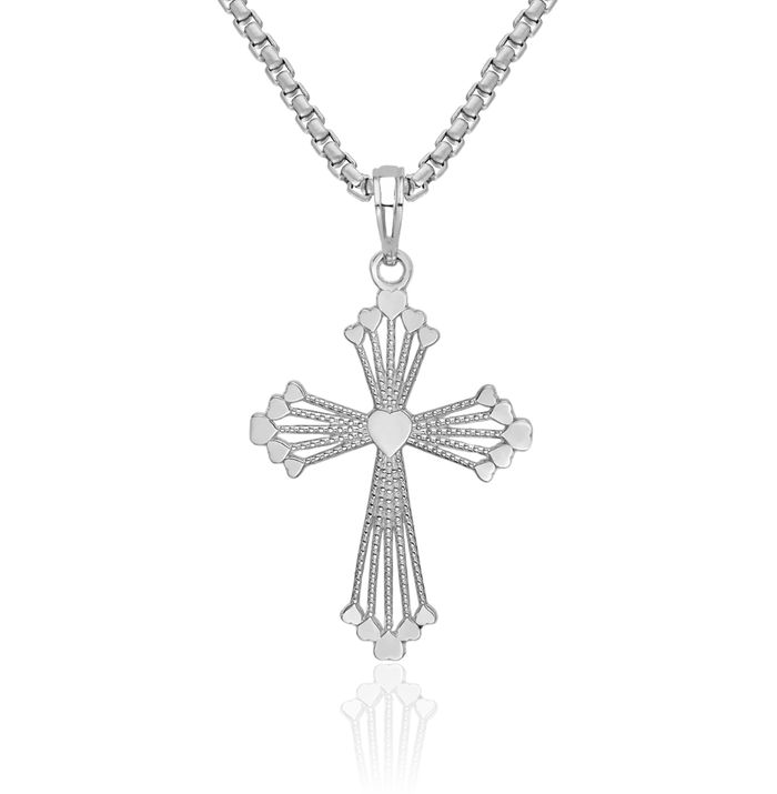 14K Solid White Gold Holy Cross Heart Necklace Religious Chain Pendant Jesus Christ Charm