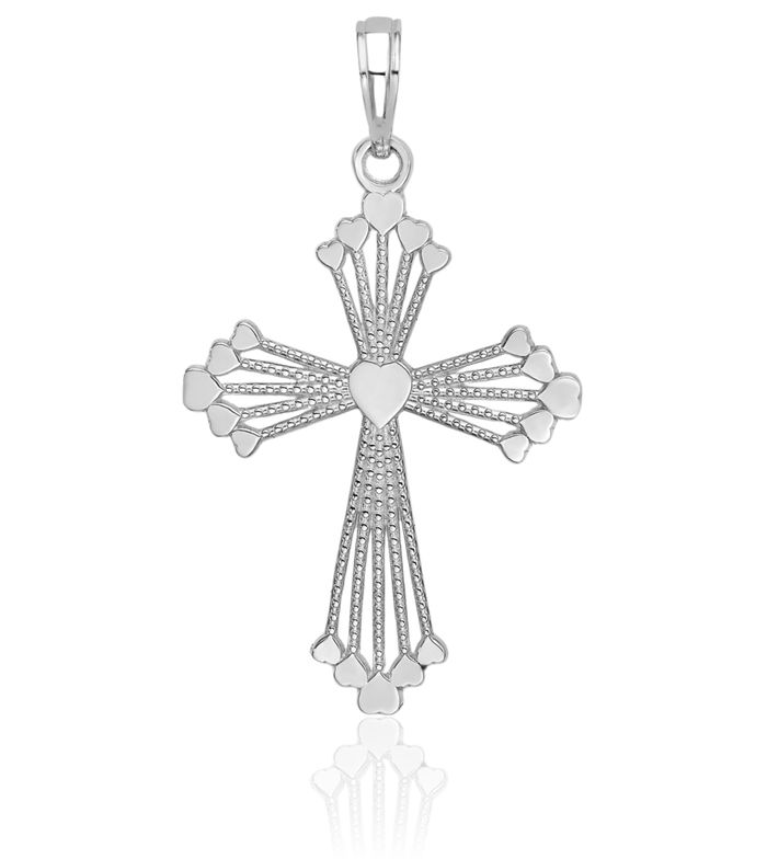 14K Solid White Gold Holy Cross Heart Necklace Religious Chain Pendant Jesus Christ Charm