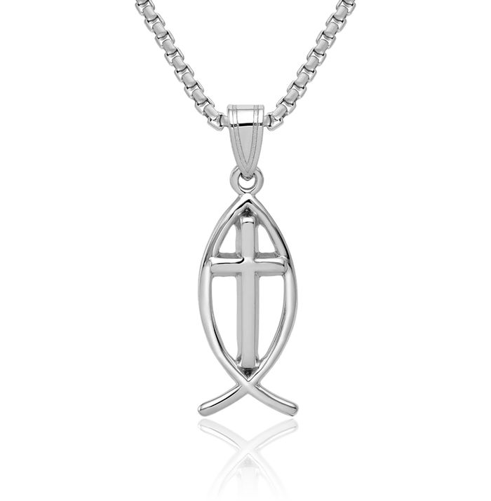 14K Solid White Gold Holy Cross Ichthus Fish Symbol Necklace Religious Chain Pendant Jesus Christ Charm