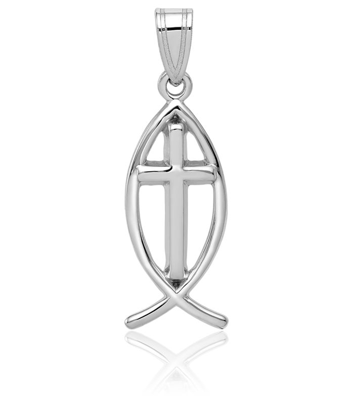 14K Solid White Gold Holy Cross Ichthus Fish Symbol Necklace Religious Chain Pendant Jesus Christ Charm