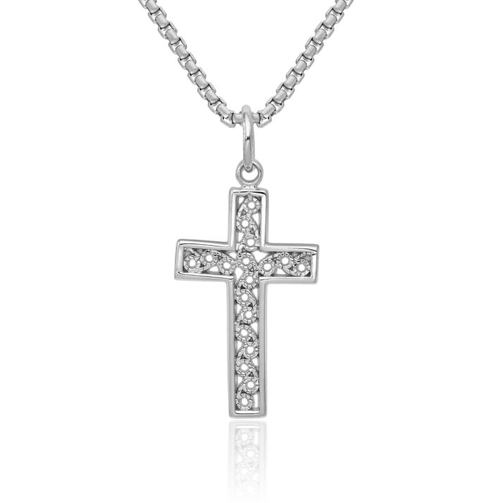 14K Solid White Gold Latin Mexican Holy Cross Necklace Religious Chain Pendant Jesus Christ Charm