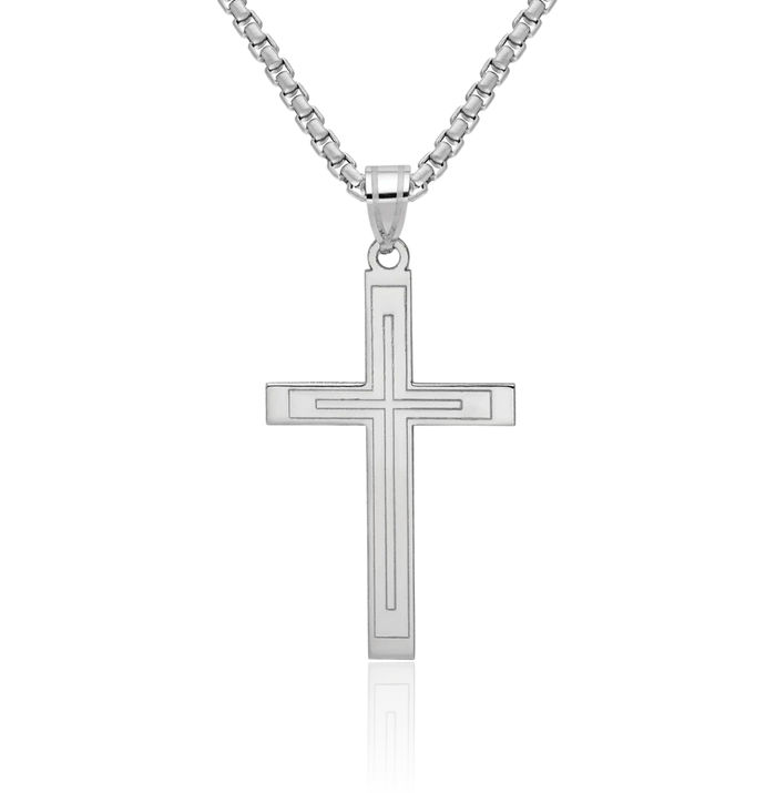 14K Solid White Gold Latin Mexican Holy Cross Necklace Religious Chain Pendant Jesus Christ Charm