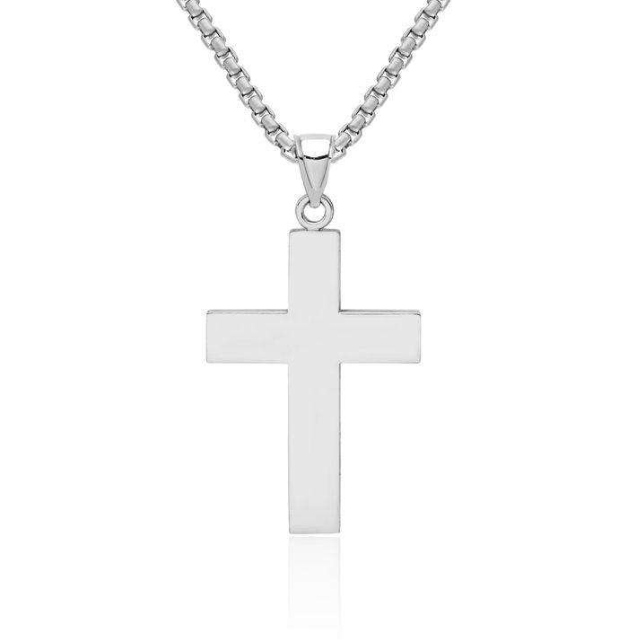 14K Solid White Gold Block Latin Mexican Holy Cross Necklace Religious Chain Pendant Jesus Christ Charm