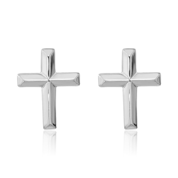 14K Solid White Gold Holy Cross Studs Religious Christian Earrings