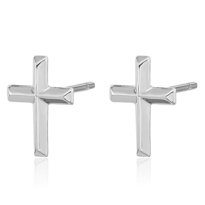 14K Solid White Gold Holy Cross Studs Religious Christian Earrings