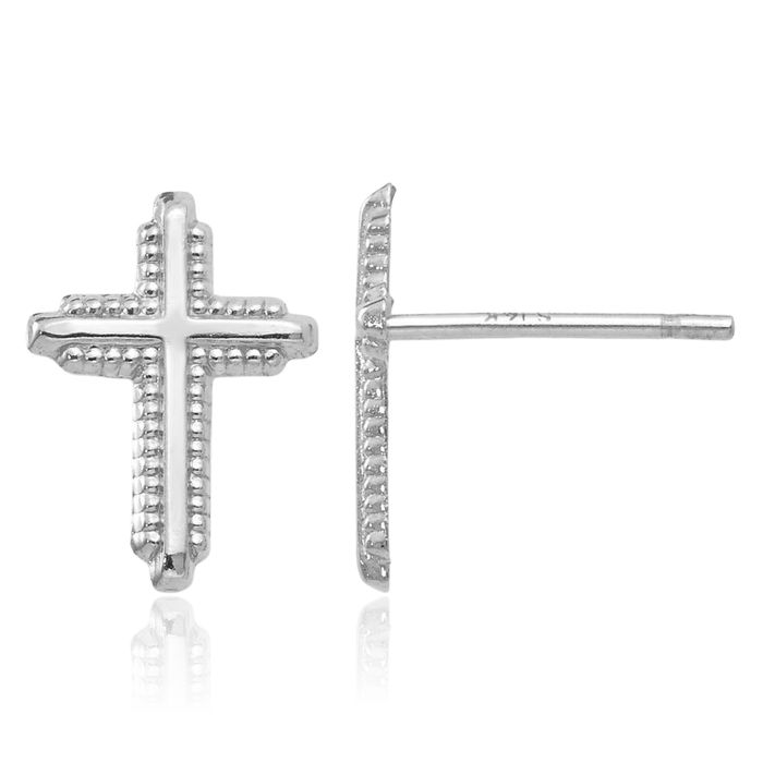 14K Solid White Gold Holy Cross Studs Religious Christian Earrings