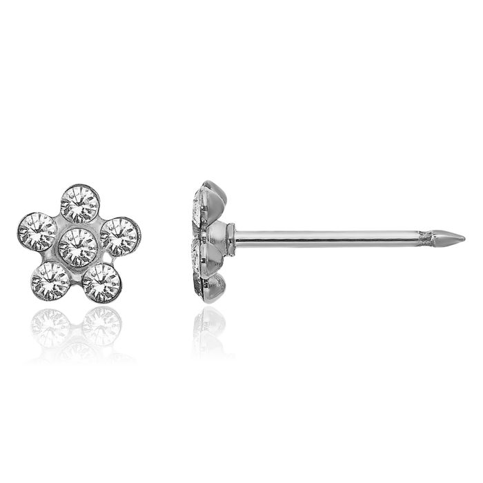 14K Solid White Gold Rhinestone Crystals Flower Stud Earrings Ear Piercing Studs