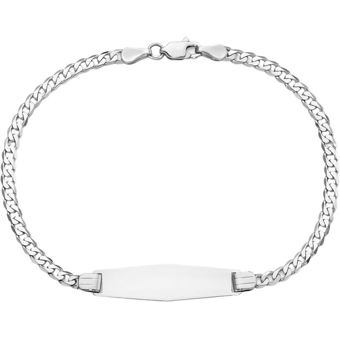 14K Solid White Gold Curb Link Soft Name Bar Identification ID Bracelet