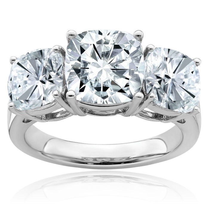 14K Solid White Gold Cushion-Cut 3 Stone Moissanite Engagement Ring