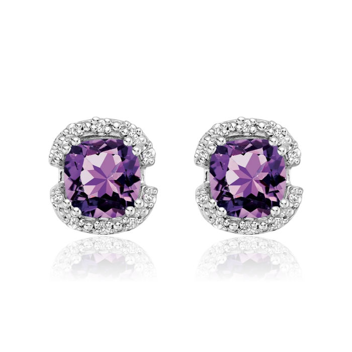 14K Solid White Gold Cushion-Cut Purple Amethyst Diamond Halo Round Stud Earrings February Birthstone Jewelry