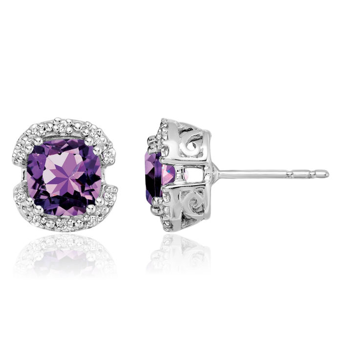 14K Solid White Gold Cushion-Cut Purple Amethyst Diamond Halo Round Stud Earrings February Birthstone Jewelry