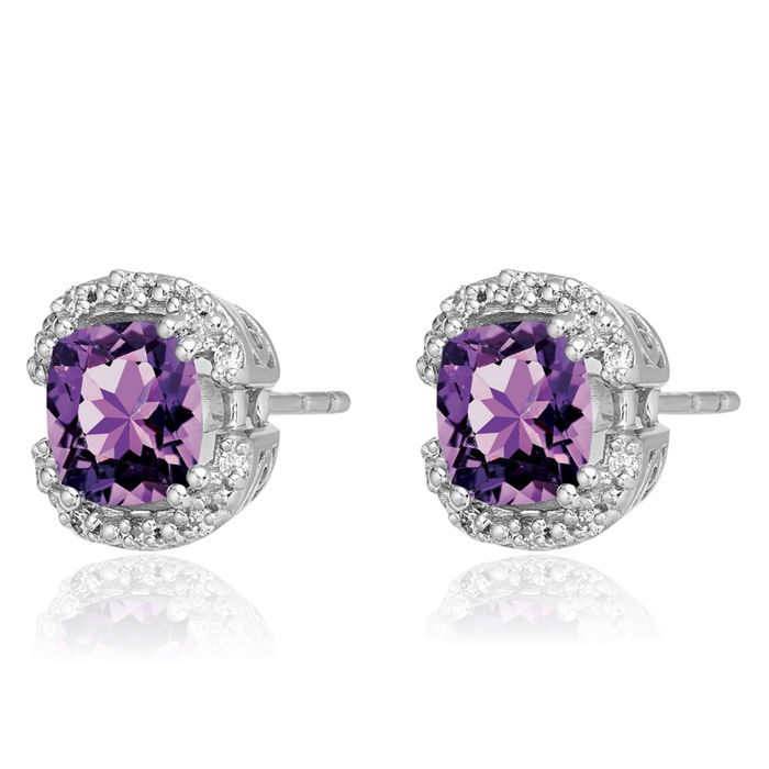 14K Solid White Gold Cushion-Cut Purple Amethyst Diamond Halo Round Stud Earrings February Birthstone Jewelry