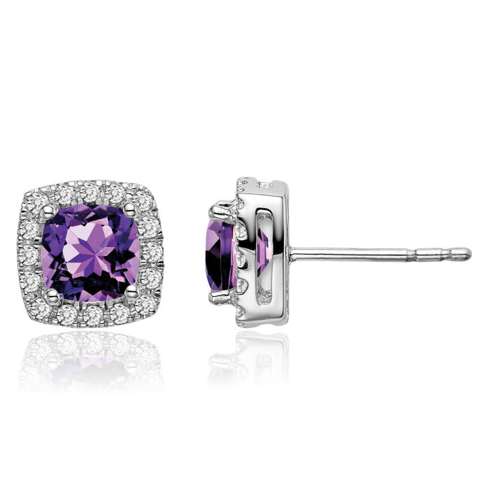 14K Solid White Gold Cushion-Cut Purple Amethyst Diamond Halo Round Stud Earrings February Birthstone Jewelry