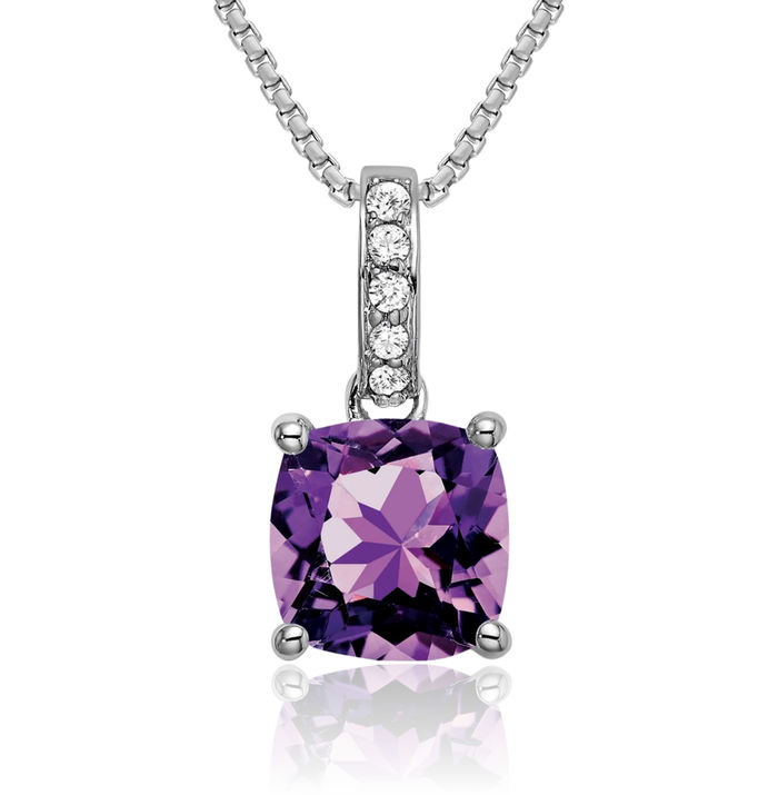 14K Solid White Gold Cushion-Cut Purple Amethyst Diamond Necklace Charm Gemstone Pendant