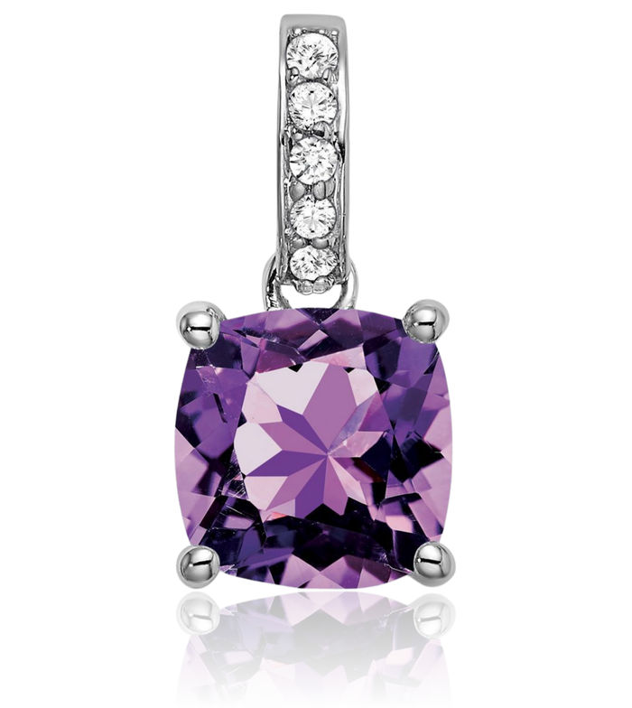 14K Solid White Gold Cushion-Cut Purple Amethyst Diamond Necklace Charm Gemstone Pendant