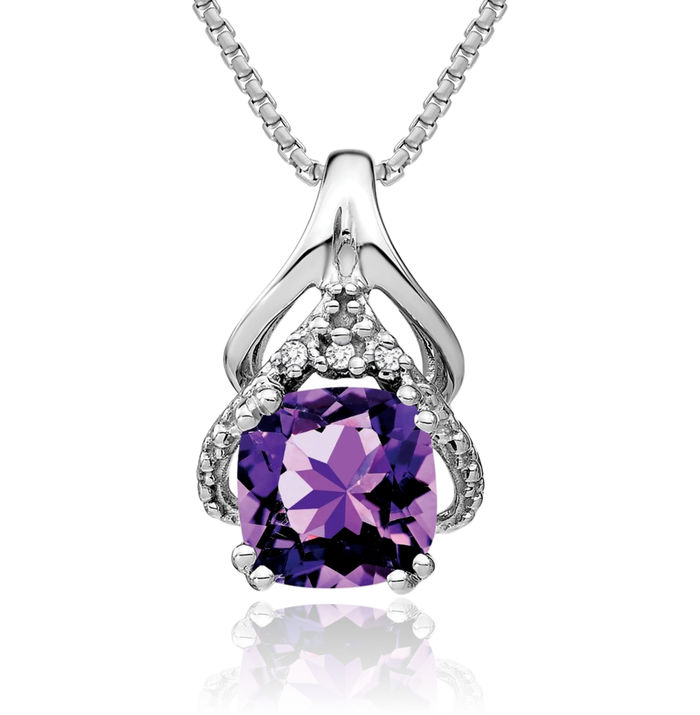 14K Solid White Gold Cushion-Cut Purple Amethyst Diamond Necklace Charm Gemstone Pendant