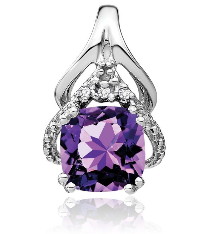 14K Solid White Gold Cushion-Cut Purple Amethyst Diamond Necklace Charm Gemstone Pendant