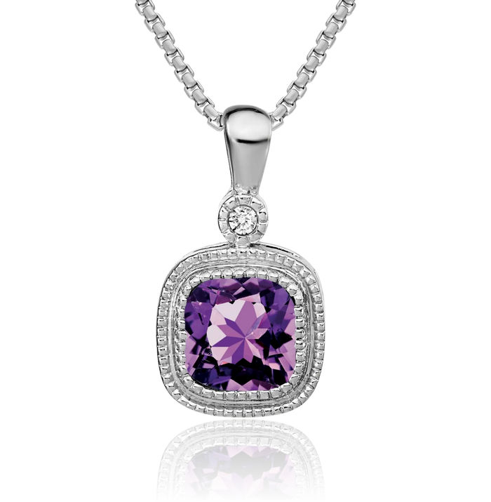 14K Solid White Gold Cushion-Cut Purple Amethyst Diamond Necklace Charm Gemstone Pendant