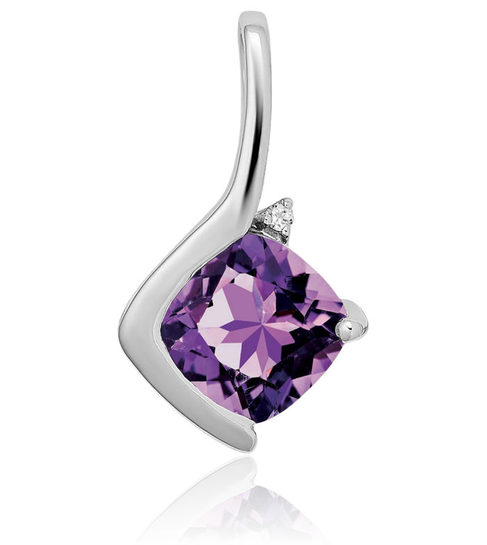 14K Solid White Gold Cushion-Cut Purple Amethyst Diamond Necklace Charm Gemstone Pendant