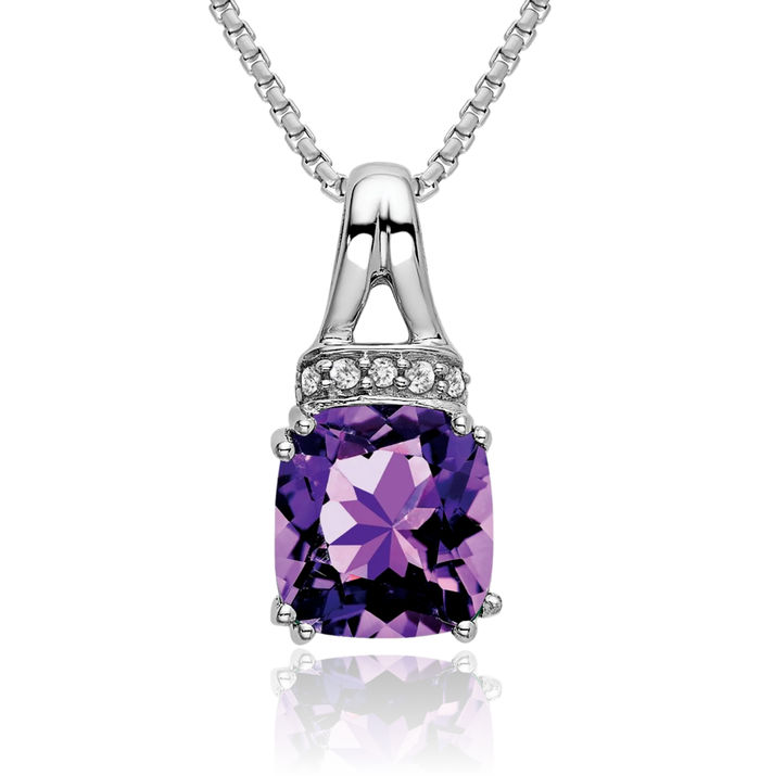 14K Solid White Gold Cushion-Cut Purple Amethyst Diamond Necklace Charm Gemstone Pendant