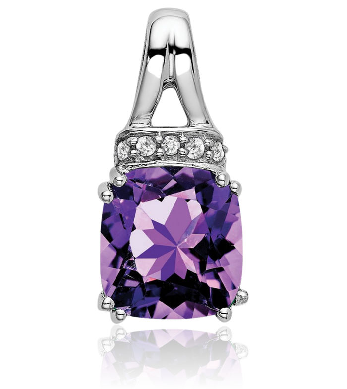 14K Solid White Gold Cushion-Cut Purple Amethyst Diamond Necklace Charm Gemstone Pendant