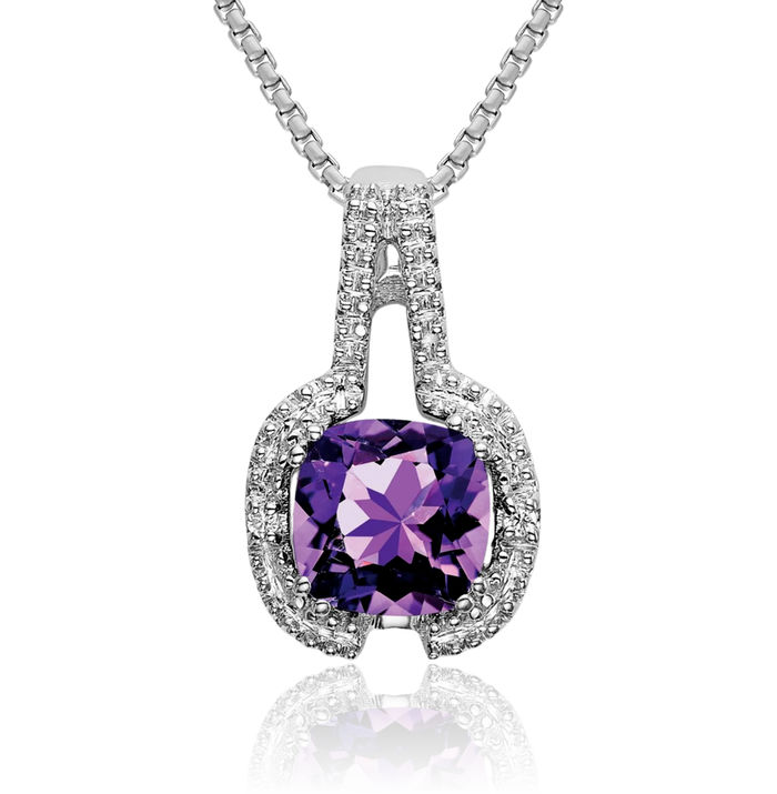 14K Solid White Gold Cushion-Cut Purple Amethyst Diamond Necklace Charm Gemstone Pendant