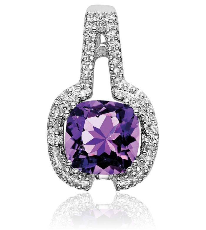 14K Solid White Gold Cushion-Cut Purple Amethyst Diamond Necklace Charm Gemstone Pendant