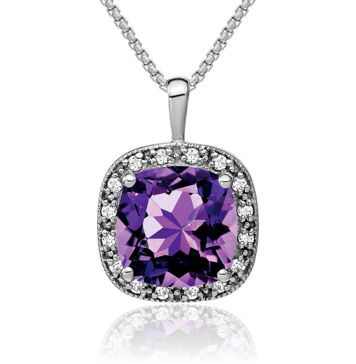 14K Solid White Gold Cushion-Cut Purple Amethyst Diamond Necklace Charm Gemstone Pendant