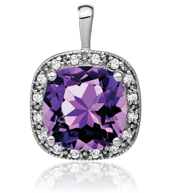 14K Solid White Gold Cushion-Cut Purple Amethyst Diamond Necklace Charm Gemstone Pendant