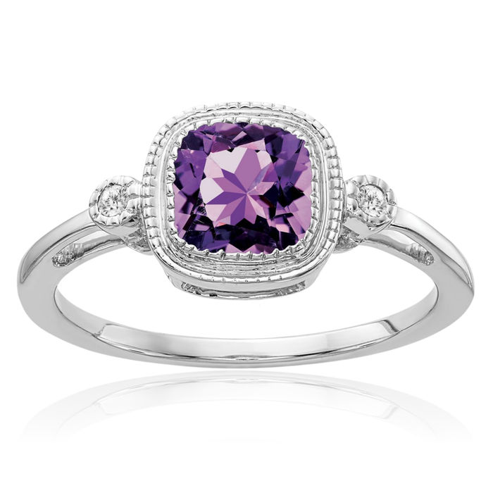 14K Solid White Gold Cushion-Cut Purple Amethyst Diamond Ring Gemstone Band February Birthstone Jewelry
