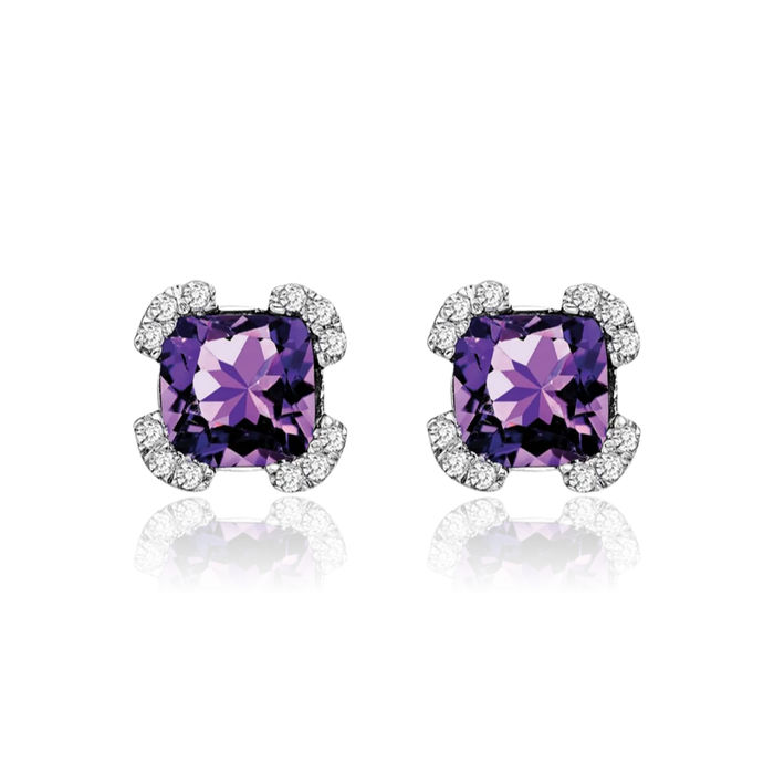 14K Solid White Gold Cushion-Cut Purple Amethyst Diamond Stud Earrings February Birthstone Jewelry