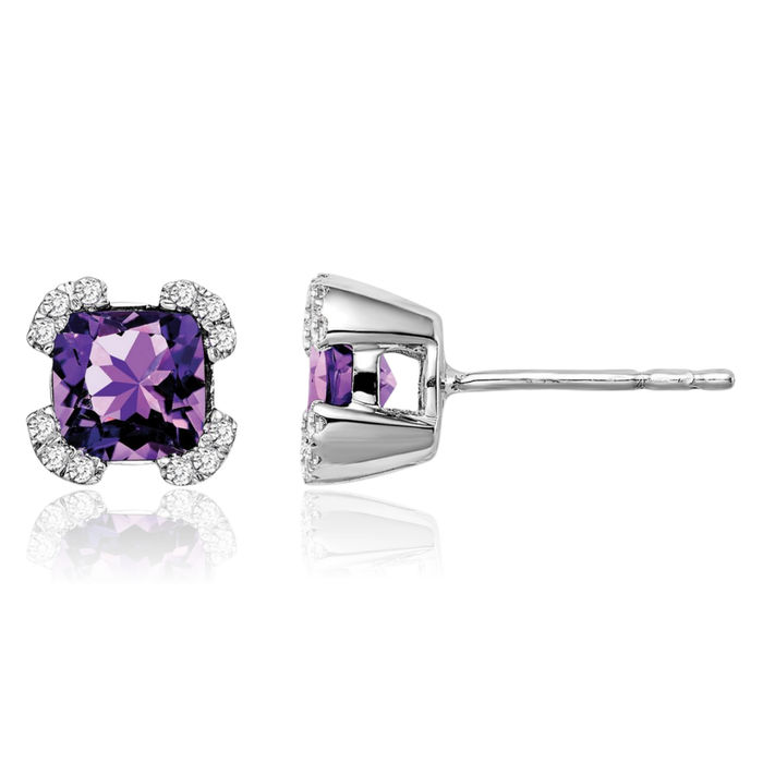 14K Solid White Gold Cushion-Cut Purple Amethyst Diamond Stud Earrings February Birthstone Jewelry