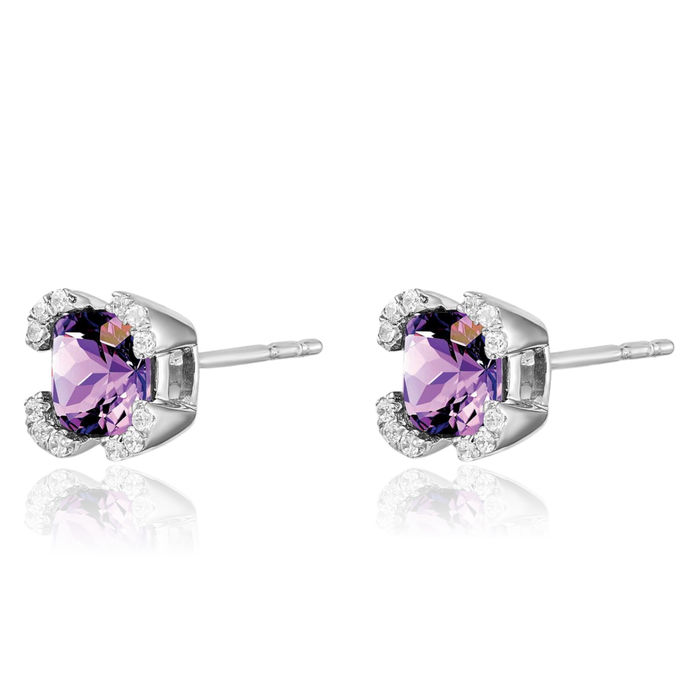 14K Solid White Gold Cushion-Cut Purple Amethyst Diamond Stud Earrings February Birthstone Jewelry