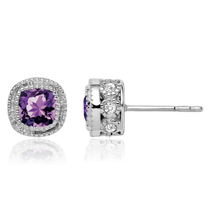 14K Solid White Gold Cushion-Cut Purple Amethyst Diamond Stud Solitaire Earrings February Birthstone Jewelry