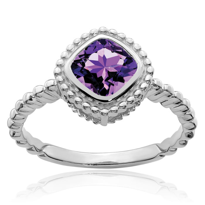 14K Solid White Gold Cushion-Cut Purple Amethyst Ring Gemstone Band February Birthstone Jewelry