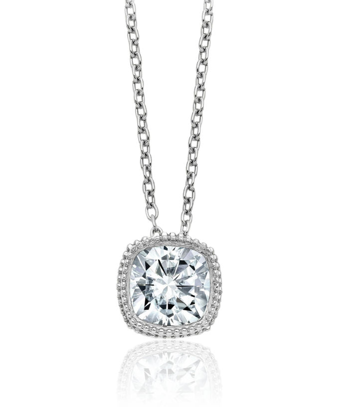 14K Solid White Gold Cushion-Cut Beaded Necklace Chain Moissanite