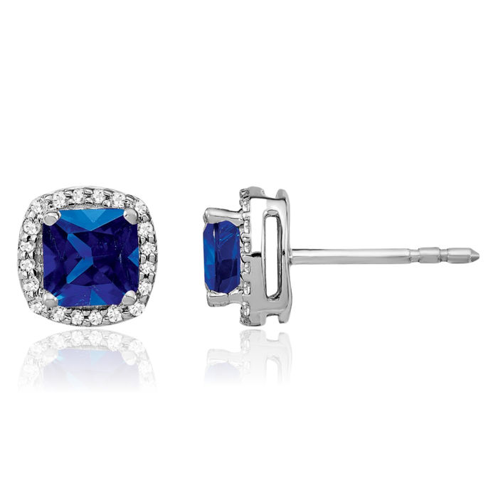 14K Solid White Gold Cushion-Cut Blue Sapphire Diamond Halo Round Stud Earrings September Birthstone Jewelry