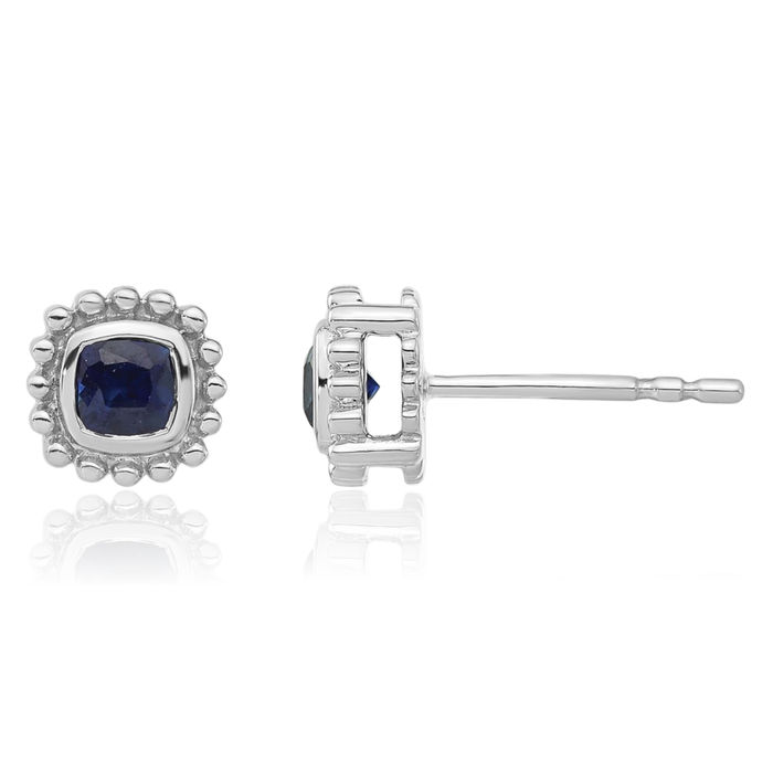 14K Solid White Gold Cushion-Cut Blue Sapphire Stud Earrings September Birthstone Jewelry