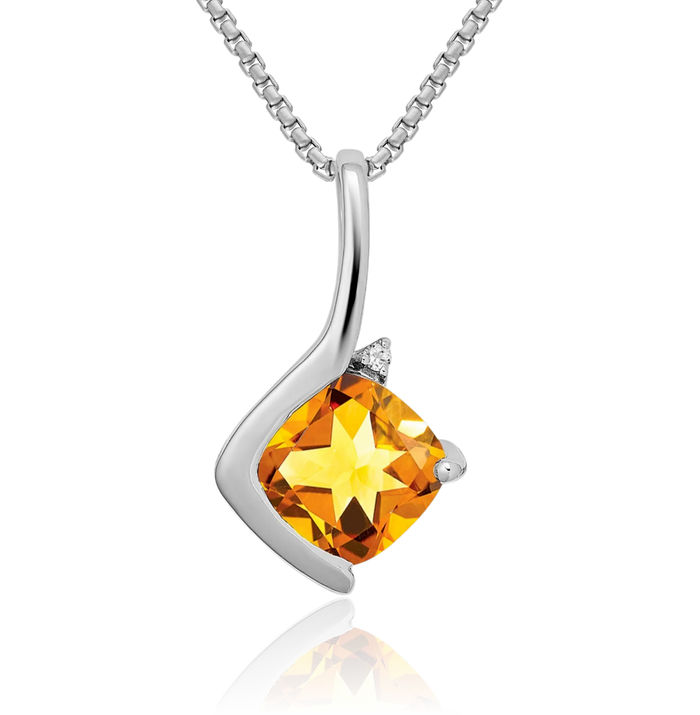 14K Solid White Gold Cushion-Cut Yellow Orange Citrine Diamond Necklace Charm Gemstone Pendant