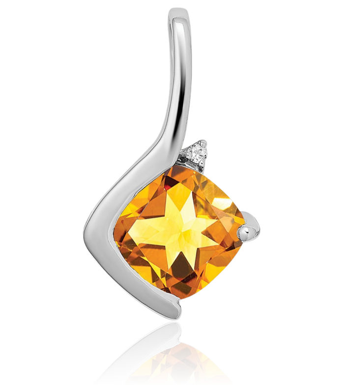 14K Solid White Gold Cushion-Cut Yellow Orange Citrine Diamond Necklace Charm Gemstone Pendant