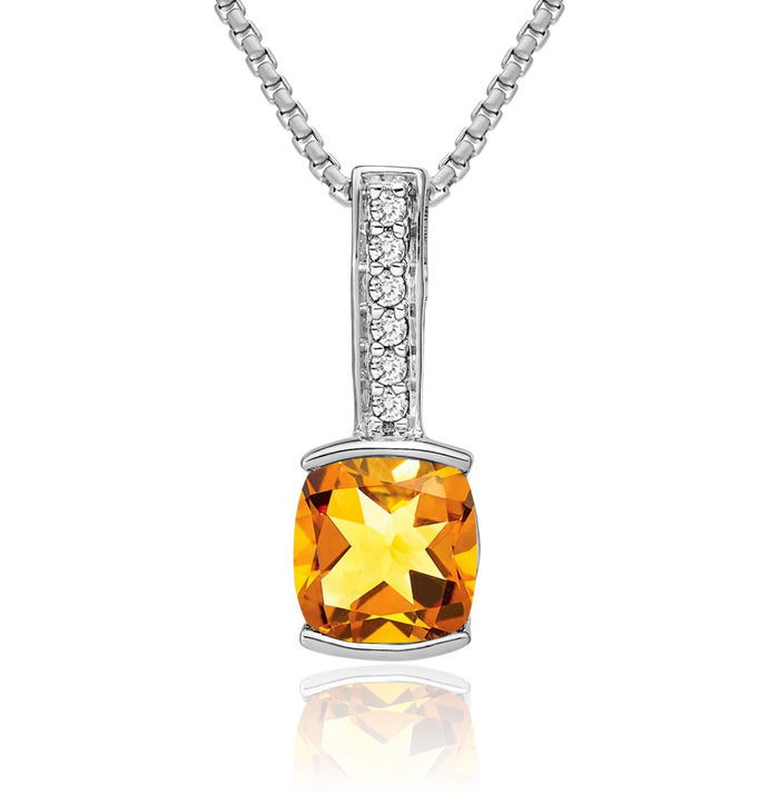 14K Solid White Gold Cushion-Cut Yellow Orange Citrine Diamond Necklace Charm Gemstone Pendant